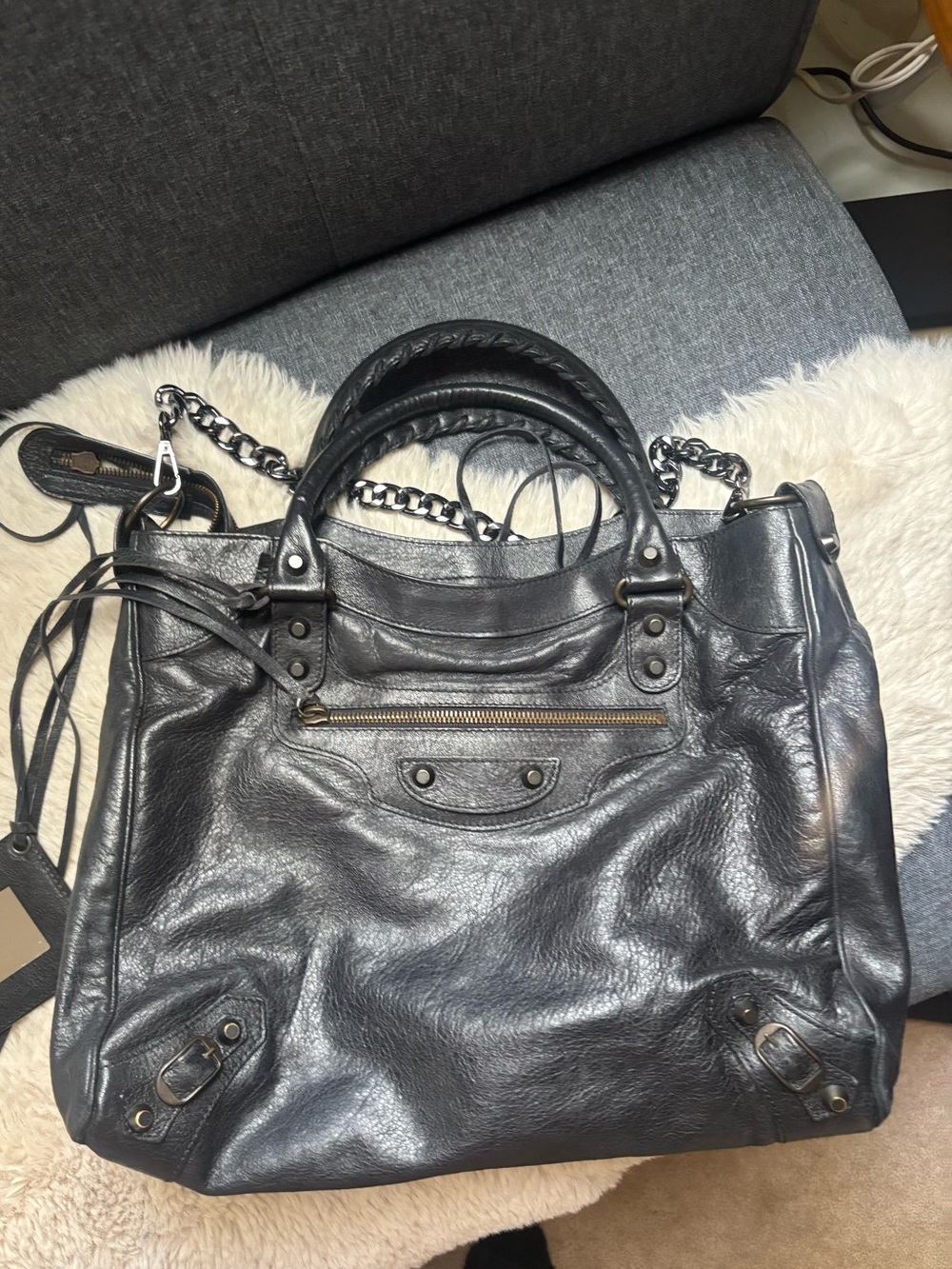 Balenciaga Black Leather Velo Tote Bag with long strap and detachable Chain